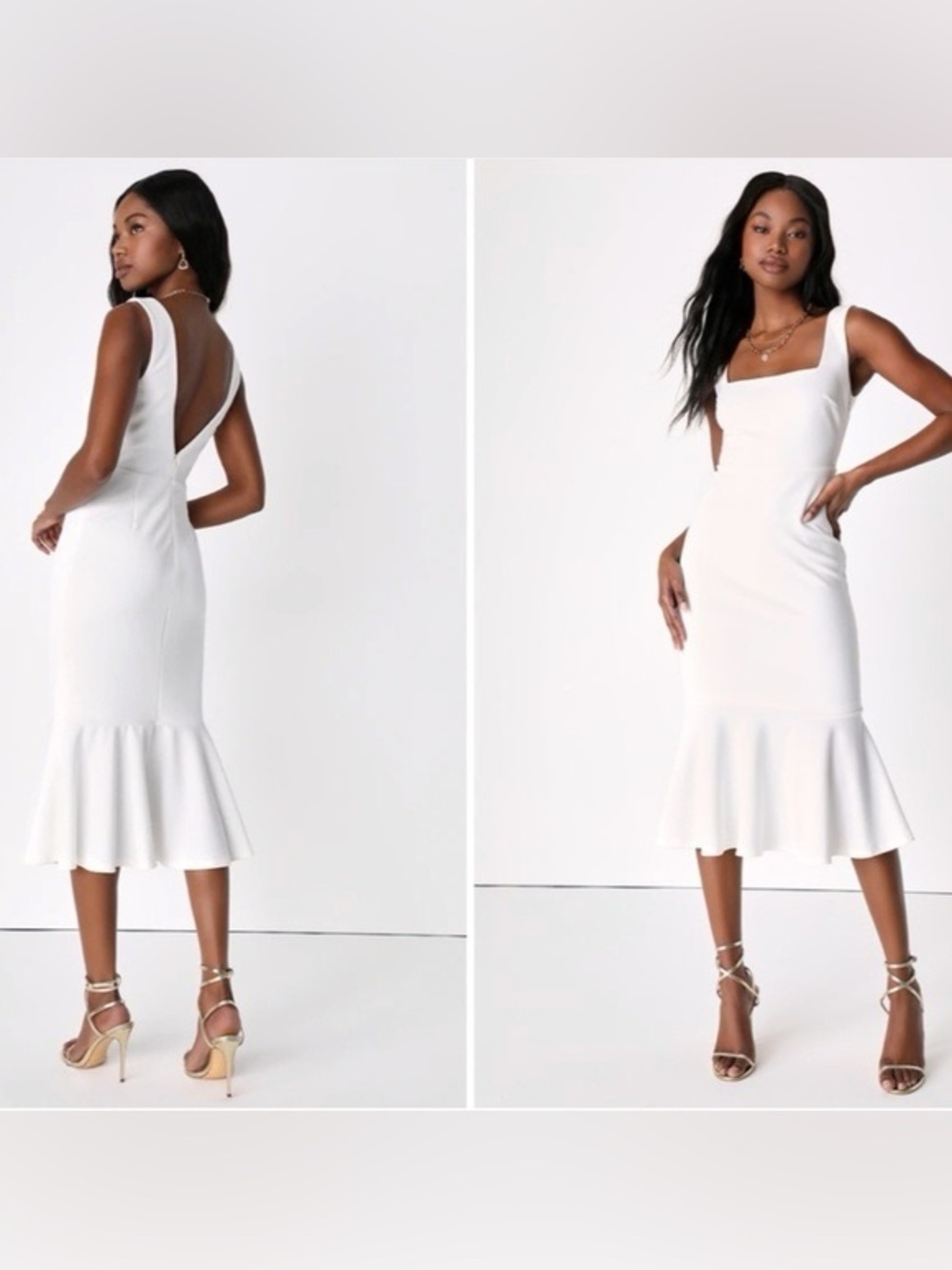 Lulu's Cream Square-Neck Midi Dress with Fluted Hem